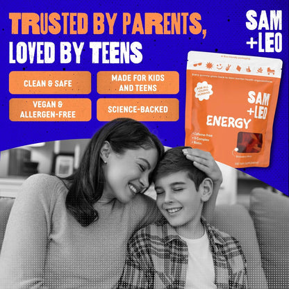 SAM+LEO Vitamin B Complex Gummies with Biotin for Kids & Teens - Caffeine-Free Focus & Energy Support Supplement Gummies | SAM+LEOUS supplements