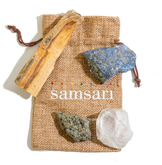 5PCS SAMSARI Abundance XL Crystals Healing Set - (Pyrite, Lapis Lazuli, Clear Quartz), 1 Palo Santo Stick SAMSARIAU supplements