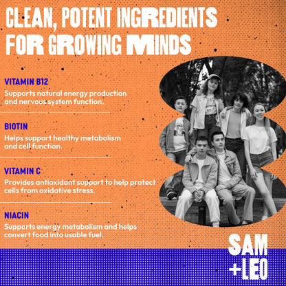 SAM+LEO Vitamin B Complex Gummies with Biotin for Kids & Teens - Caffeine-Free Focus & Energy Support Supplement Gummies | SAM+LEOUS supplements