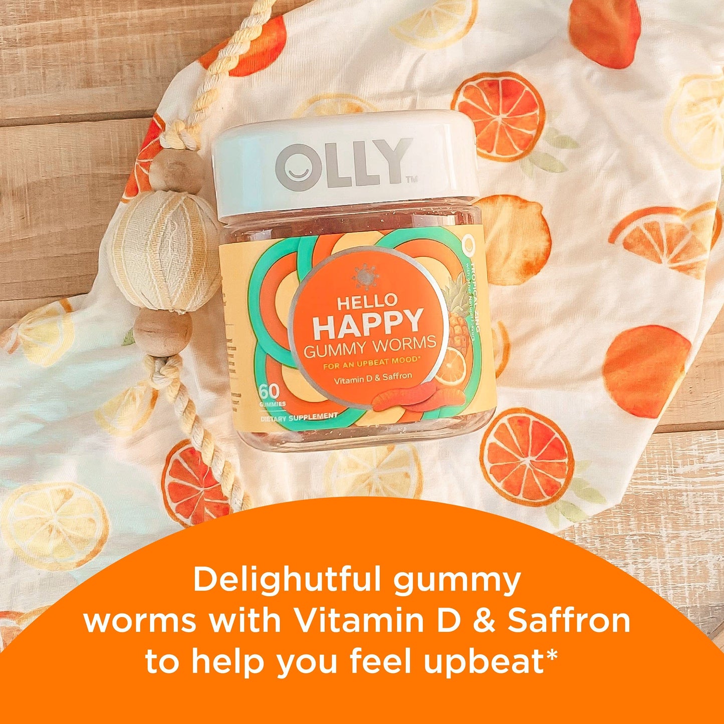 OLLY Hello Happy Gummy Worms, Mood Support Gummies For Adults,* Saffron Extract, Vitamin D, Tropical Zing Flavored, 30 Day Supply - 60 Count OLLY buy supplements Au