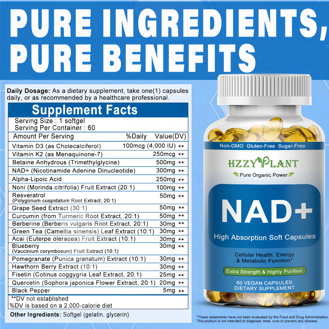 HZZYPLANT NAD+ Supplement, High Absorption NAD Supplements for Women for Cellular Energy Immune Focus Health, NAD Resveratrol Softgel Capsules, NAD Liquid Softgels Supplement, Non-GMO, 2 Month Supply HZZYPLANT uk supplements