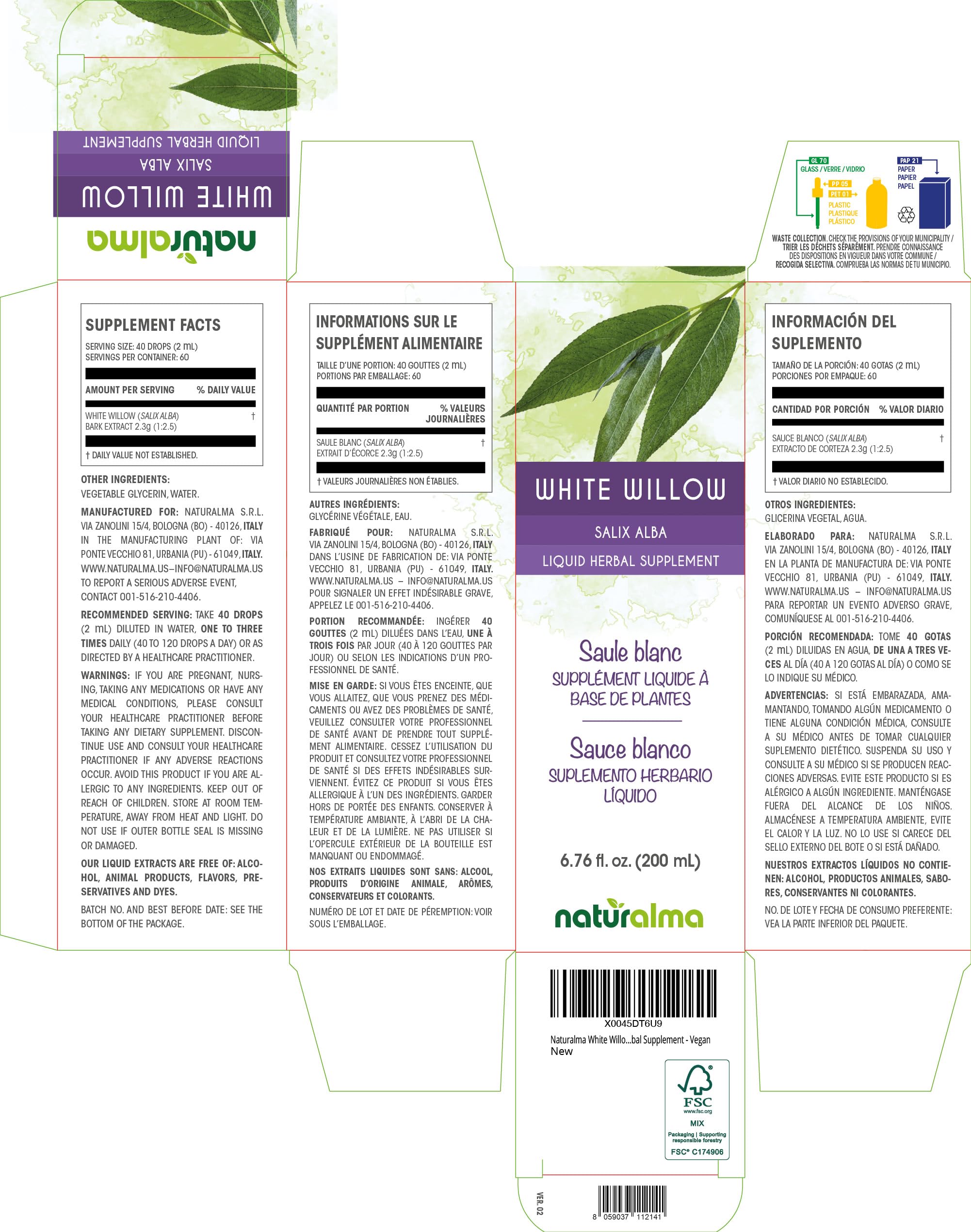 Naturalma White Willow (Salix alba) bark Alcohol-Free Tincture - 6.76 fl oz Liquid Extract in Drops - Herbal Supplement - Vegan Naturalma Au supplements