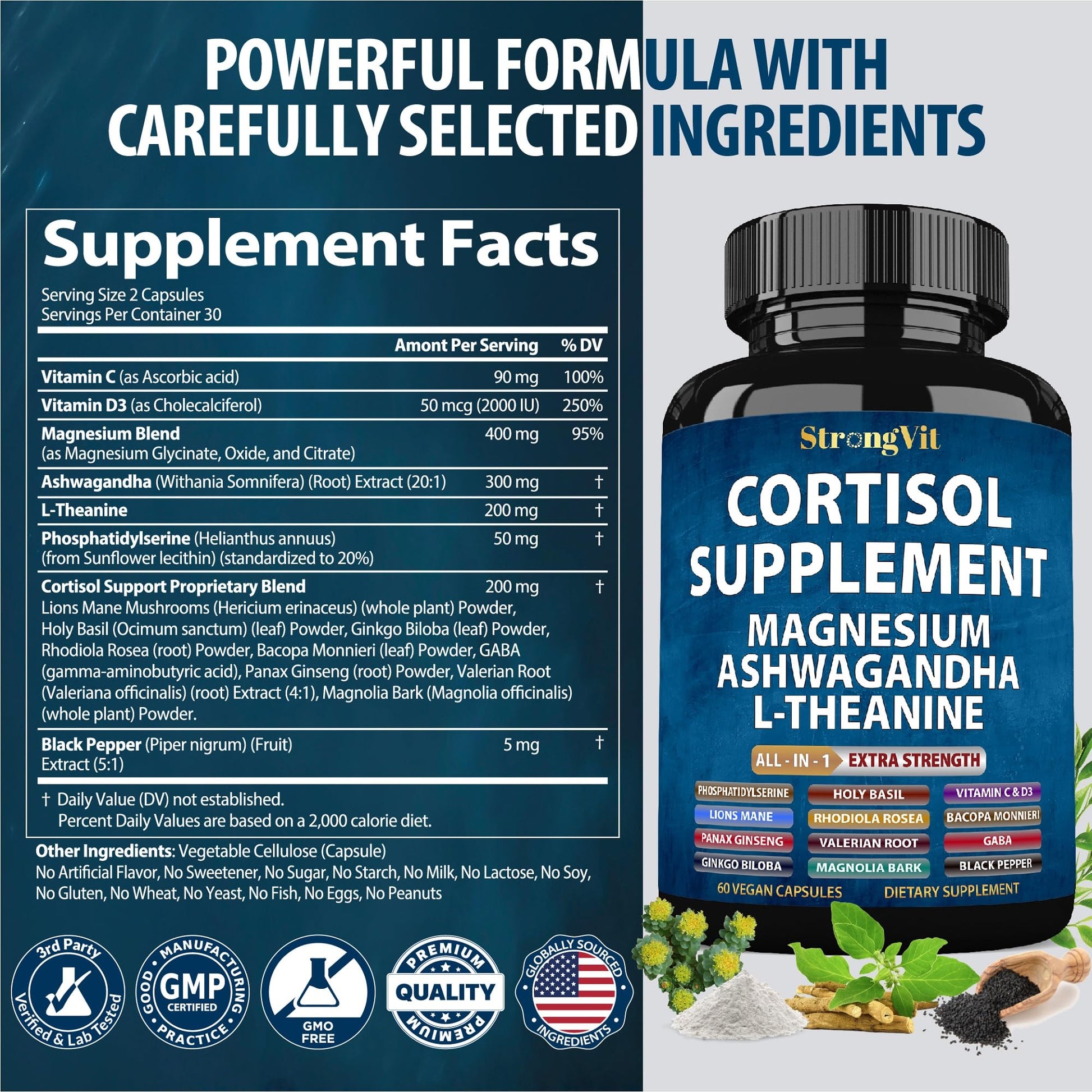 StrongVit Cortisol Supplements for Women and Men with Magnesium, Ashwagandha & L-Theanine. High Cortisol Reducer, Manager, Detox, Lower and Control. Sleep Support & Stress Relief, USA StrongVit Au supplements
