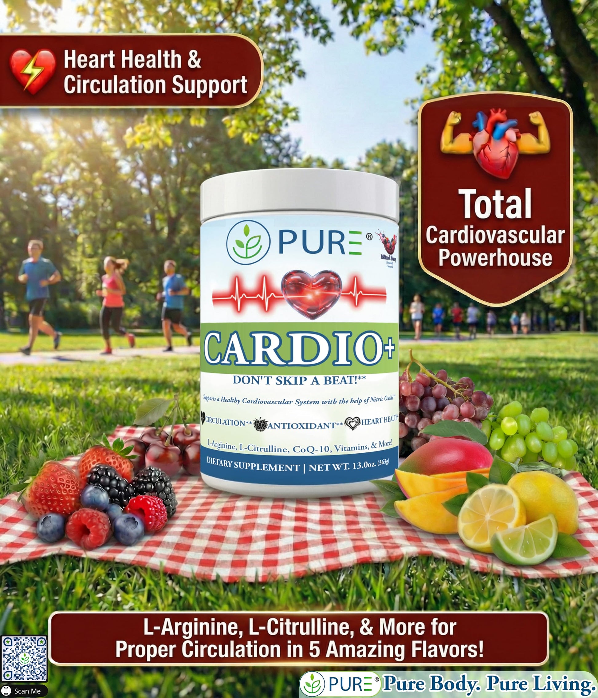 PURE® Cardio+ Nitric Oxide Heart & Circulation Support - 5000mg L-Arginine & 1000mg L-Citrulline - Lemon Lime, 30 Servings Powder, 375 Grams - CoQ10 Beet Root - High Potency Cardiovascular Formula PURE Au supplements
