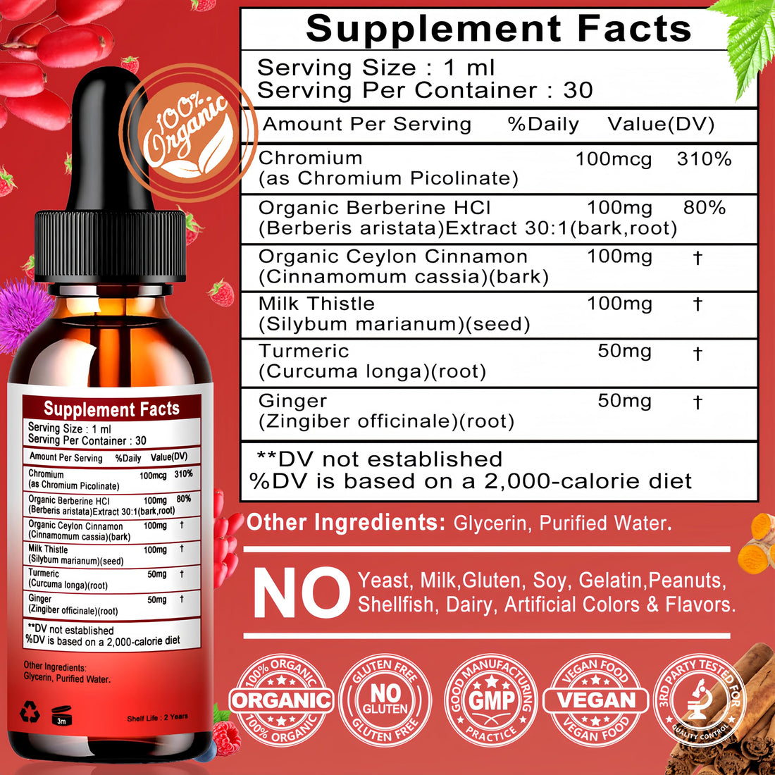 Berberine Drops, High Absorption 6-in-1 Liquid Berberine Supplement with Ceylon Cinnamon Milk Thistle Turmeric, Premium Berberine HCl for Immune Function Metabolic & Digestive Support, 30 Servings Vita letuo Au supplements