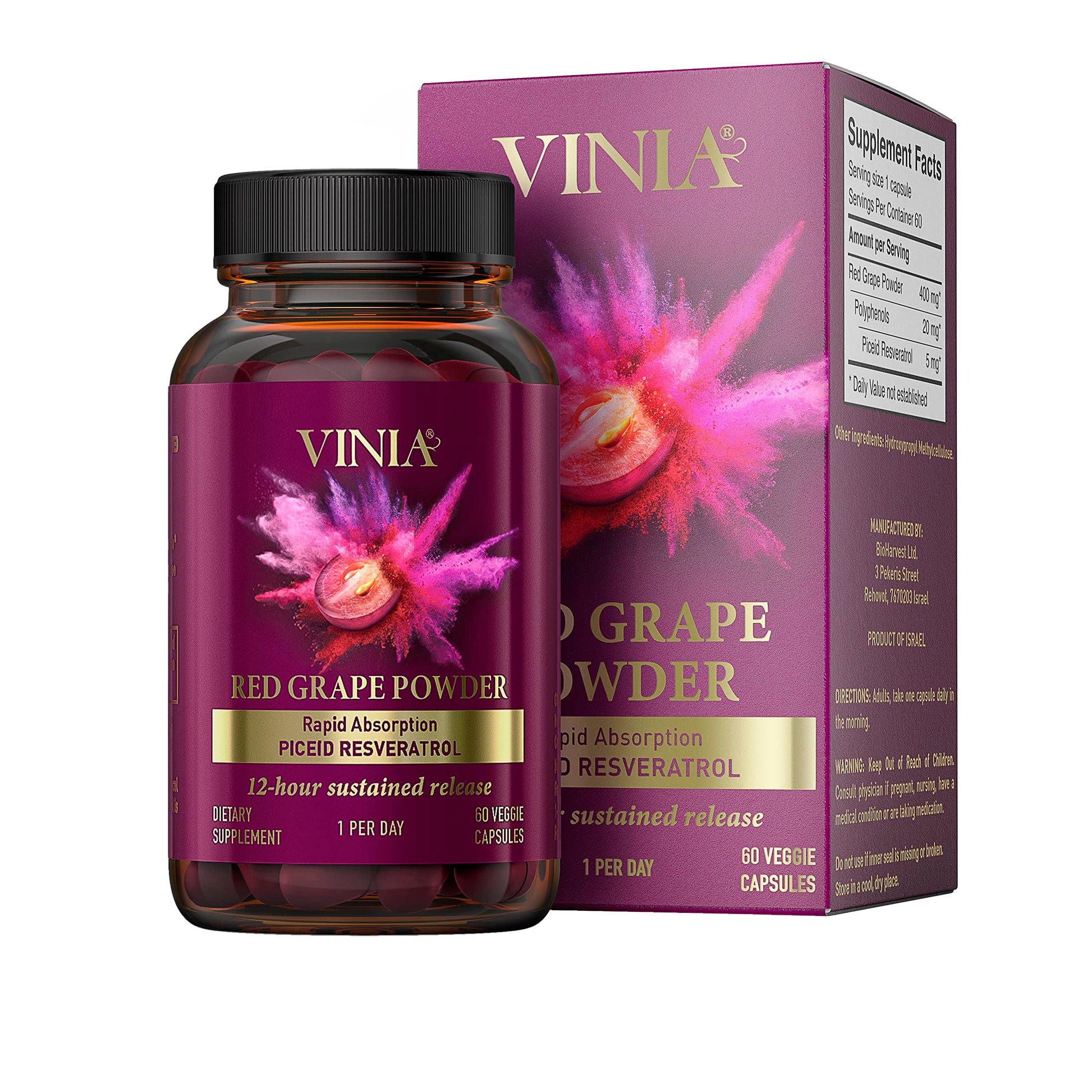 VINIA 12-Hour Sustained Release Piceid Resveratrol Supplement. Nitric Oxide Supplement VINIA Au supplements