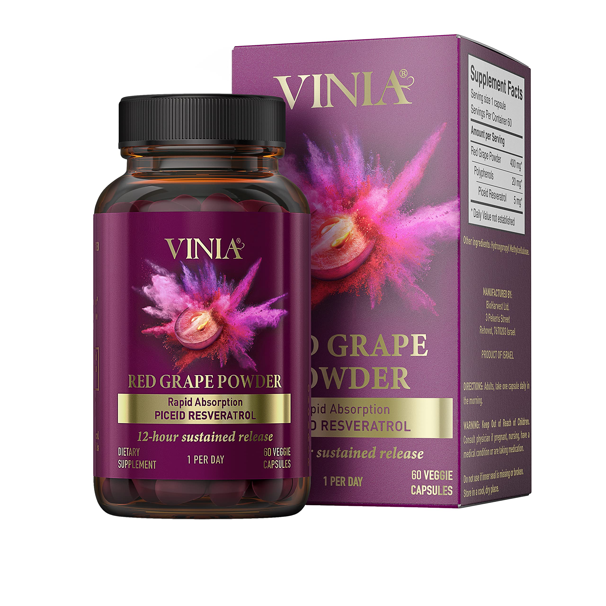 VINIA 12-Hour Sustained Release Piceid Resveratrol Supplement. Nitric Oxide Supplement VINIA Au supplements