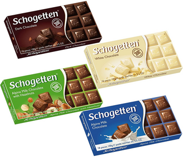 Schogetten German Chocolate Variety Pack, 4x100G - Dark, White, Alpine, Hazelnut